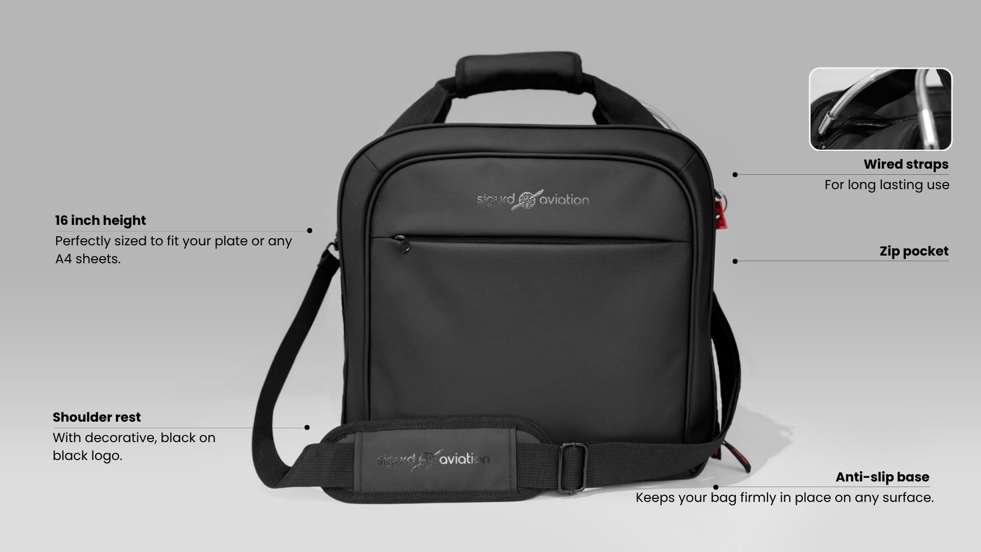 The Co-Pilot front exterior — 16 inch height, wired straps, zip pocket, shoulder rest, anti-slip base